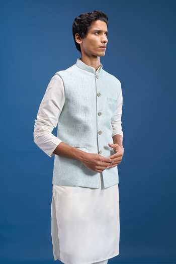 Shop_Aryavir Malhotra_Sky Blue Jacquard, Polyester Woven Bundi _Online