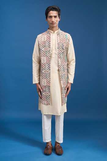 Aryavir Malhotra_Beige Cotton, Polyester Embroidery Printed Kurta Set With Bundi _Online