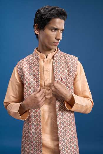 Aryavir Malhotra_Peach Cotton, Polyester Woven Bundi And Kurta Set _at_Aza_Fashions