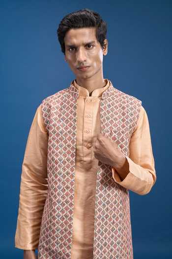 Buy_Aryavir Malhotra_Peach Cotton, Polyester Woven Bundi And Kurta Set _Online