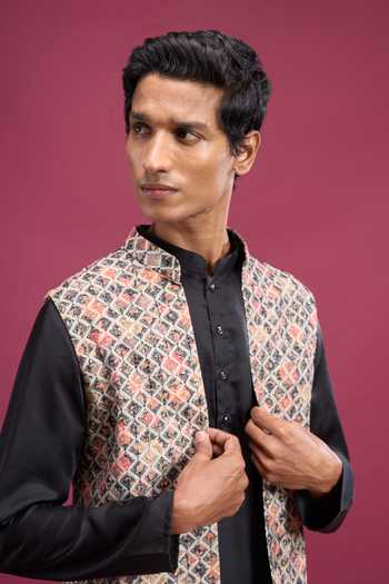Buy_Aryavir Malhotra_Black Cotton, Polyester Geometric Woven Bundi And Kurta Set _Online_at_Aza_Fashions