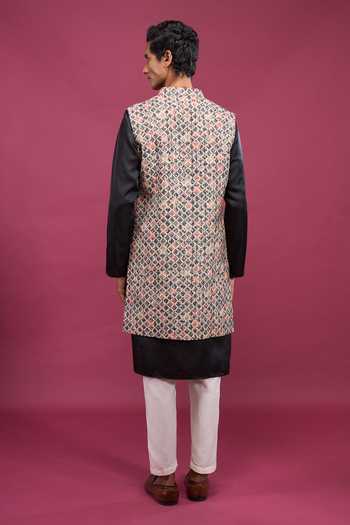 Aryavir Malhotra_Black Cotton, Polyester Geometric Woven Bundi And Kurta Set _Online_at_Aza_Fashions