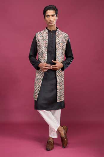 Buy_Aryavir Malhotra_Black Cotton, Polyester Geometric Woven Bundi And Kurta Set _at_Aza_Fashions