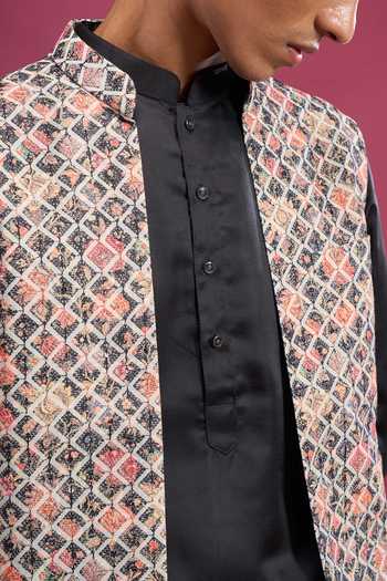 Aryavir Malhotra_Black Cotton, Polyester Geometric Woven Bundi And Kurta Set _Online