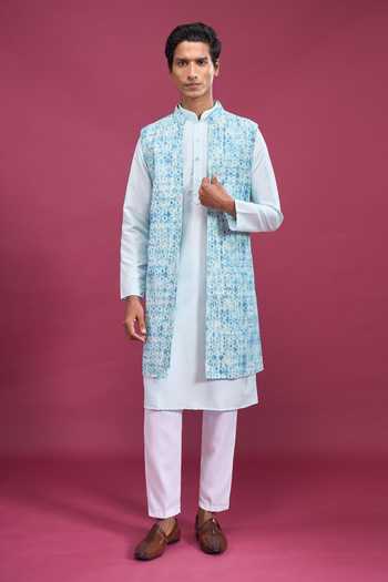 Buy_Aryavir Malhotra_Blue Polyester, Cotton Printed Bundi And Kurta Set 