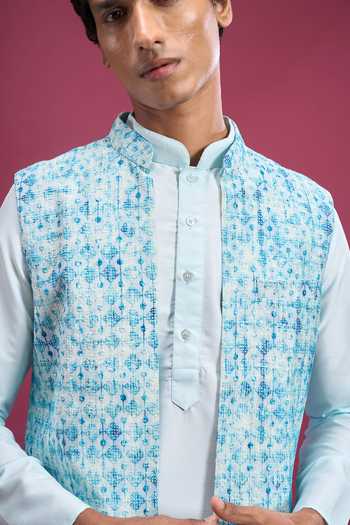 Shop_Aryavir Malhotra_Blue Polyester, Cotton Printed Bundi And Kurta Set 