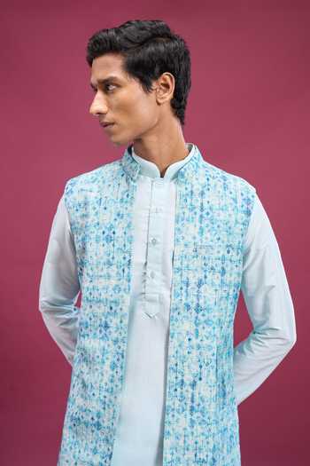 Aryavir Malhotra_Blue Polyester, Cotton Printed Bundi And Kurta Set _Online