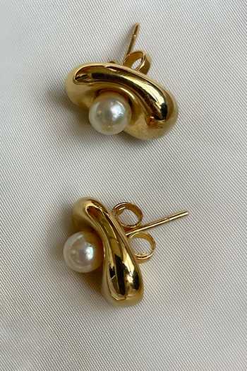 Shop_KEFI-CO_Gold Plated Cosmos Pearl Stud Earrings _at_Aza_Fashions