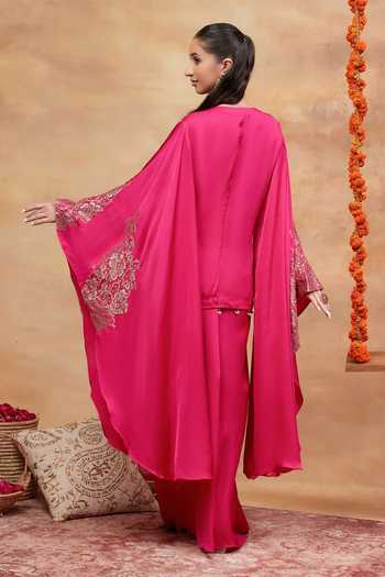 Shop_Dareiss_Pink Silk V-neck, Yes Kashi Dabka Embroidered Kurta And Skirt Set _at_Aza_Fashions