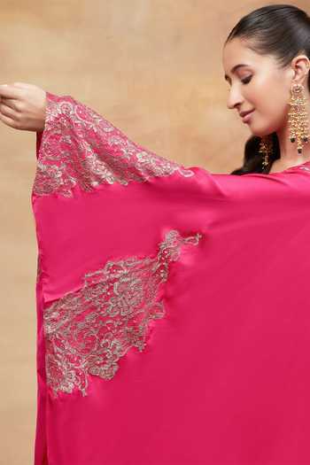 Dareiss_Pink Silk V-neck, Yes Kashi Dabka Embroidered Kurta And Skirt Set _Online_at_Aza_Fashions
