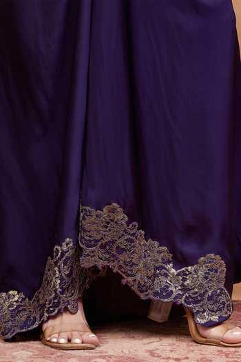 Dareiss_Purple Silk V-neck Assi Floral Woven Kurta And Skirt Set _Online_at_Aza_Fashions