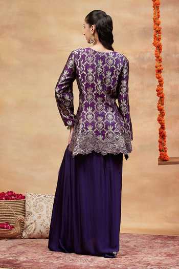 Shop_Dareiss_Purple Silk V-neck Assi Floral Woven Kurta And Skirt Set _at_Aza_Fashions