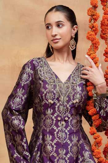 Dareiss_Purple Silk V-neck Assi Floral Woven Kurta And Skirt Set _at_Aza_Fashions