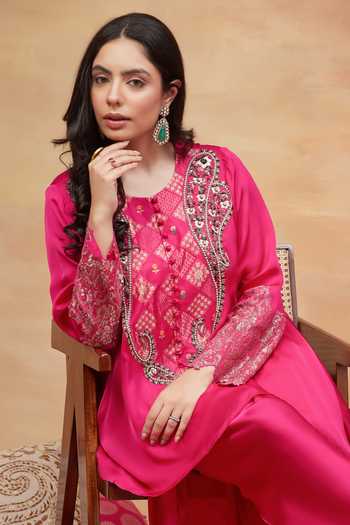 Shop_Dareiss_Fuchsia Silk Round Neck Rewa Neckline Embroidered Kurta And Dhoti Pant Set _Online_at_Aza_Fashions