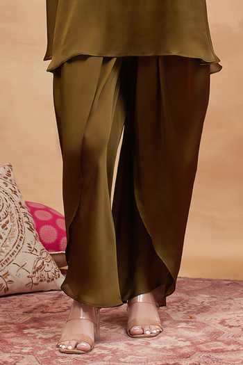 Dareiss_Green Silk, Chiffon Scoop Neck Rewa Paisley Embroidered Kurta And Dhoti Pant Set _Online_at_Aza_Fashions
