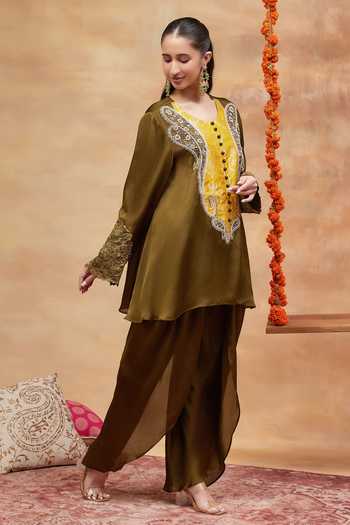 Dareiss_Green Silk, Chiffon Scoop Neck Rewa Paisley Embroidered Kurta And Dhoti Pant Set _at_Aza_Fashions