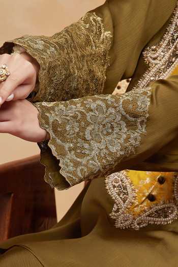 Shop_Dareiss_Green Silk, Chiffon Scoop Neck Rewa Paisley Embroidered Kurta And Dhoti Pant Set 