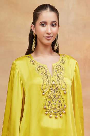 Shop_Dareiss_Yellow Silk, Satin Split V-neck, Yes Kedar Embroidered Kurta And Salwar Set _Online_at_Aza_Fashions