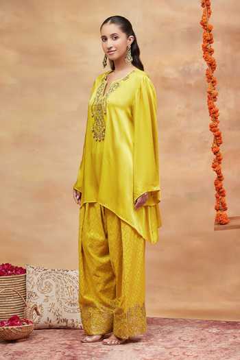 Dareiss_Yellow Silk, Satin Split V-neck, Yes Kedar Embroidered Kurta And Salwar Set _Online