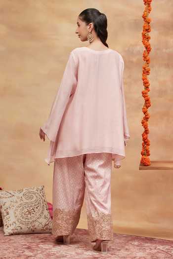 Shop_Dareiss_Pink Silk, Chanderi Split V-neck Kedar Neckline Embroidered Kurta And Salwar Set _at_Aza_Fashions