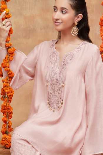 Buy_Dareiss_Pink Silk, Chanderi Split V-neck Kedar Neckline Embroidered Kurta And Salwar Set _Online_at_Aza_Fashions
