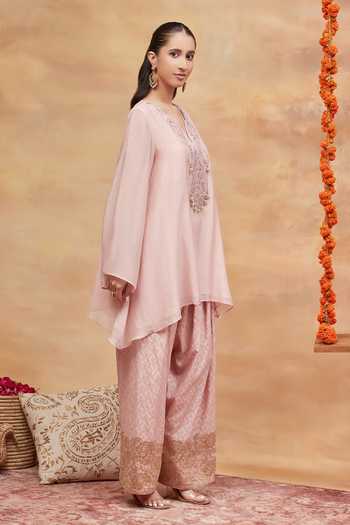 Shop_Dareiss_Pink Silk, Chanderi Split V-neck Kedar Neckline Embroidered Kurta And Salwar Set _Online_at_Aza_Fashions