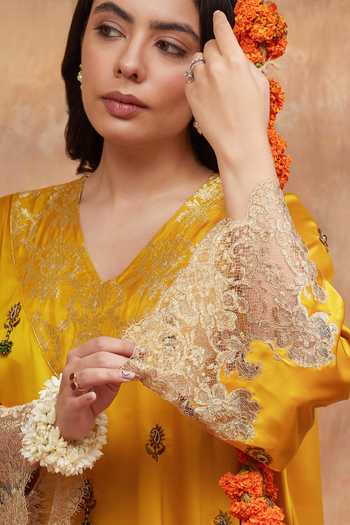 Dareiss_Yellow Silk, Chiffon, Banarasi Shivala Paisley Embroidered Kurta And Pant Set _at_Aza_Fashions