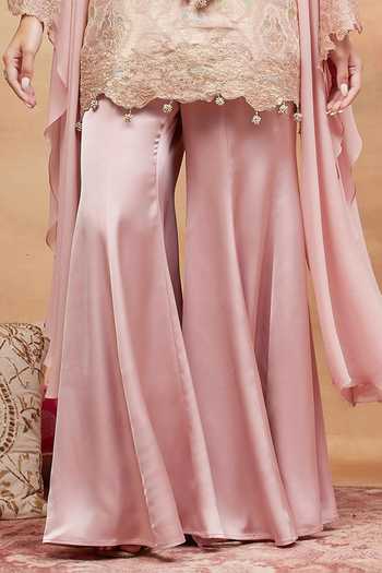 Dareiss_Pink Silk, Georgette, Satin V-neck Kashi Embroidered Kurta And Sharara Set _Online_at_Aza_Fashions