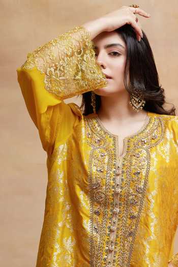 Buy_Dareiss_Yellow Silk, Georgette, Satin Ahilya Kanak Embroidered Kurta And Dhoti Pant Set _Online_at_Aza_Fashions