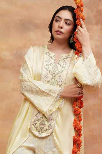 Dareiss_Yellow Silk, Satin Split V-neck Munshi Embroidered Kurta And Pant Set _Online_at_Aza_Fashions