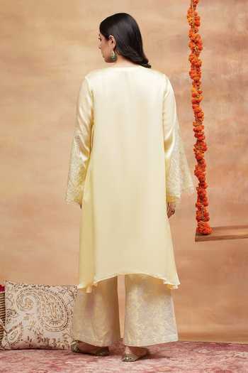 Shop_Dareiss_Yellow Silk, Satin Split V-neck Munshi Embroidered Kurta And Pant Set _at_Aza_Fashions