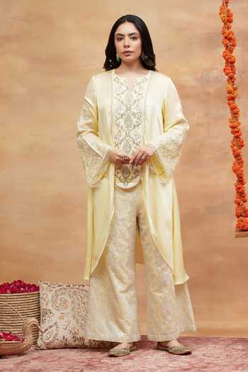 Buy_Dareiss_Yellow Silk, Satin Split V-neck Munshi Embroidered Kurta And Pant Set _at_Aza_Fashions