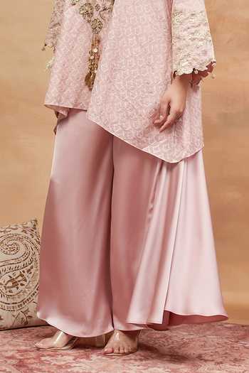 Dareiss_Pink Silk, Satin V-neck, Yes Mansarovar Kusum Woven Kurta And Pant Set _Online_at_Aza_Fashions
