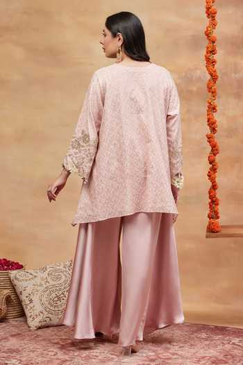 Shop_Dareiss_Pink Silk, Satin V-neck, Yes Mansarovar Kusum Woven Kurta And Pant Set _at_Aza_Fashions