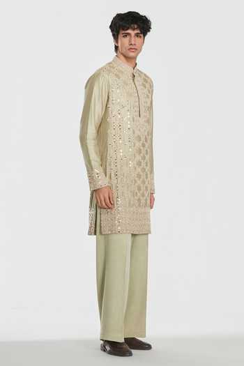 Abhinav Mishra_Green Chanderi, Cotton, Twill Shrine Empire Embroidered Kurta Set _Online_at_Aza_Fashions