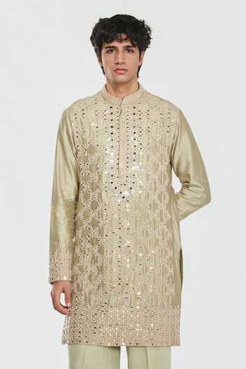 Shop_Abhinav Mishra_Green Chanderi, Cotton, Twill Shrine Empire Embroidered Kurta Set _Online_at_Aza_Fashions