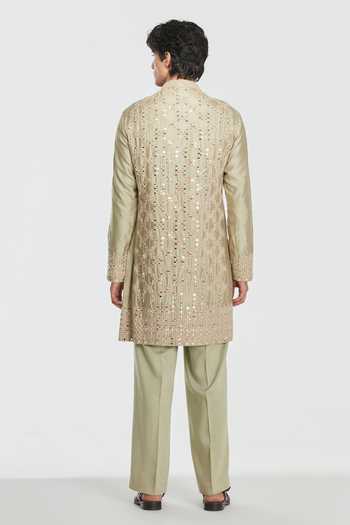 Shop_Abhinav Mishra_Green Chanderi, Cotton, Twill Shrine Empire Embroidered Kurta Set _at_Aza_Fashions