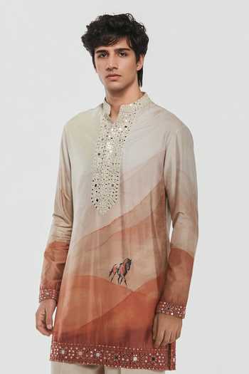 Buy_Abhinav Mishra_Multi Color Chanderi, Cotton Shrine Long Jacket And Kurta Set _Online_at_Aza_Fashions
