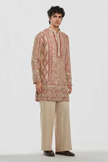 Shop_Abhinav Mishra_Multi Color Chanderi, Cotton, Twill Shrine Mirror Embroidered Kurta Set _Online_at_Aza_Fashions