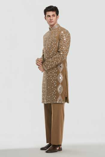 Buy_Abhinav Mishra_Brown Chanderi Shrine Royal Embroidered Sherwani Set _Online_at_Aza_Fashions