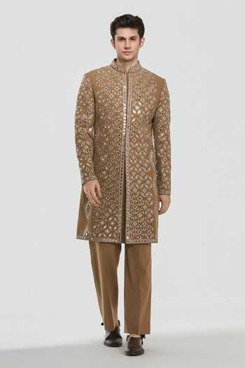Buy_Abhinav Mishra_Brown Chanderi Shrine Royal Embroidered Sherwani Set _at_Aza_Fashions