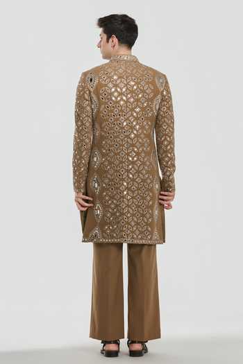 Shop_Abhinav Mishra_Brown Chanderi Shrine Royal Embroidered Sherwani Set _at_Aza_Fashions