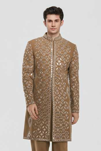 Shop_Abhinav Mishra_Brown Chanderi Shrine Royal Embroidered Sherwani Set _Online_at_Aza_Fashions