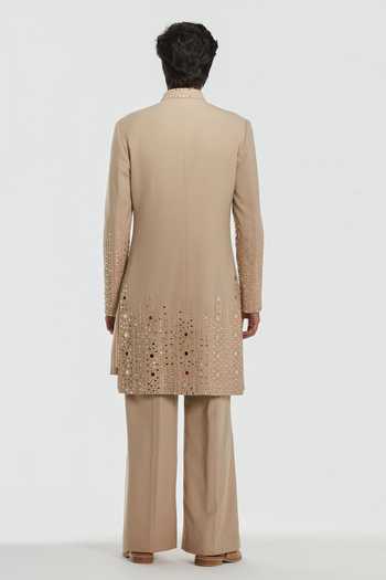 Shop_Abhinav Mishra_Cream Chanderi Shrine Midas Mirror Work Sherwani Set _at_Aza_Fashions