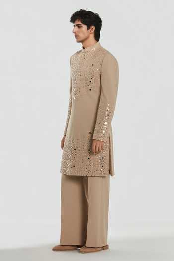 Abhinav Mishra_Cream Chanderi Shrine Midas Mirror Work Sherwani Set _Online_at_Aza_Fashions