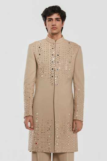 Shop_Abhinav Mishra_Cream Chanderi Shrine Midas Mirror Work Sherwani Set _Online_at_Aza_Fashions