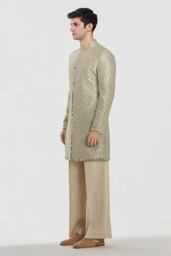 Buy_Abhinav Mishra_Gold Tissue, Chanderi, Cotton Shrine Regal Embroidered Sherwani Set _Online_at_Aza_Fashions
