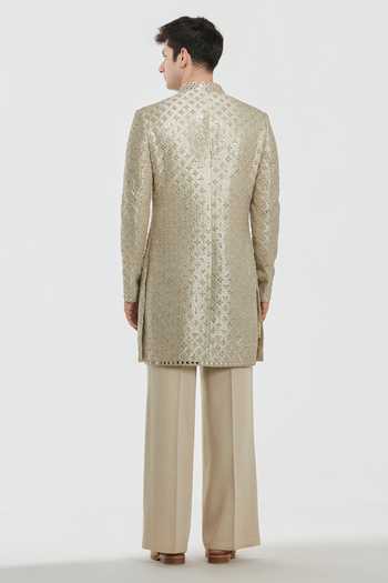 Shop_Abhinav Mishra_Gold Tissue, Chanderi, Cotton Shrine Regal Embroidered Sherwani Set _at_Aza_Fashions