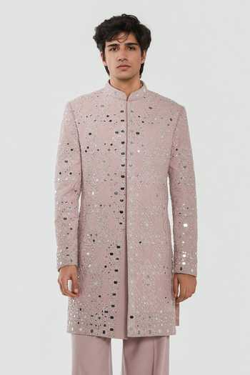 Abhinav Mishra_Purple Chanderi Shrine Cardinal Embroidered Sherwani Set _at_Aza_Fashions
