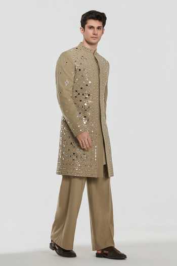 Buy_Abhinav Mishra_Beige Chanderi Shrine Mirage Embroidered Sherwani Set _Online_at_Aza_Fashions